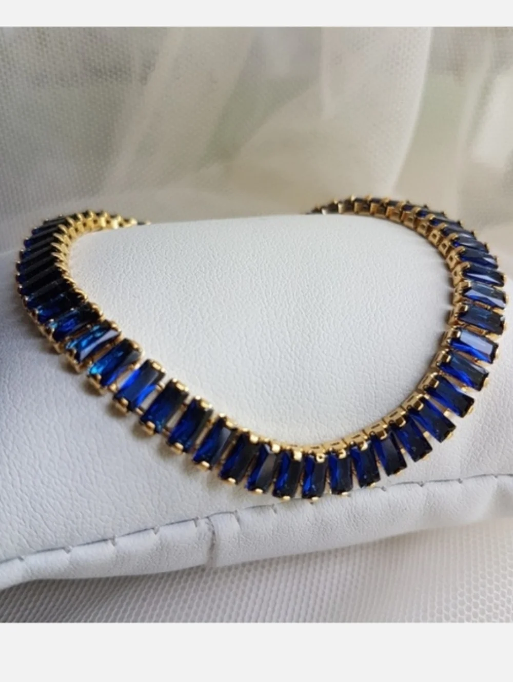 Swarovski Elements Gold Sapphire Blue Emerald-cut Baguette Tennis Necklace NEW